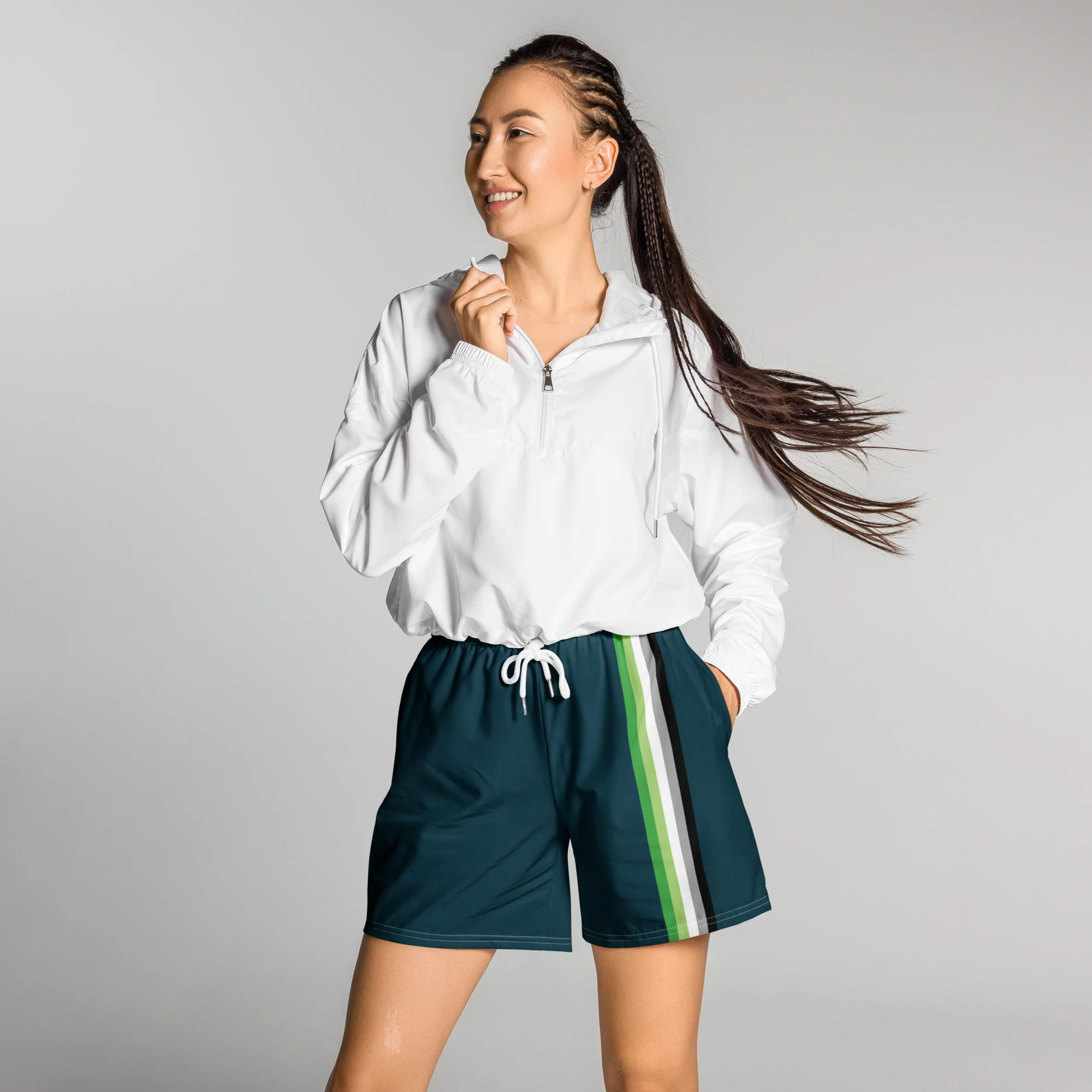 Aromantic Pride Flag Dark Green Athletic Long Shorts - Image 3