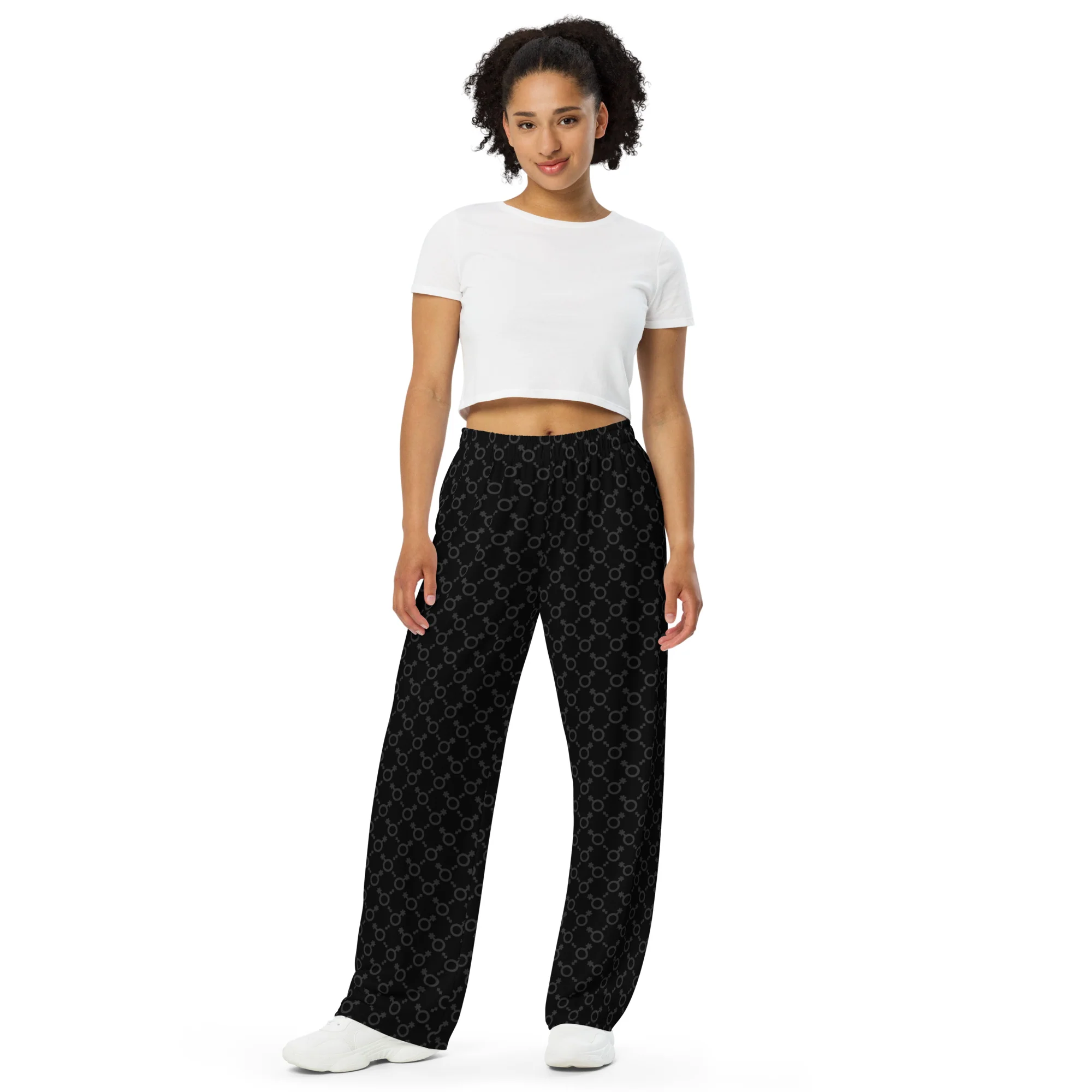 Black/Grey Non-Binary Symbol Wide Leg Pants/Trousers - Image 5