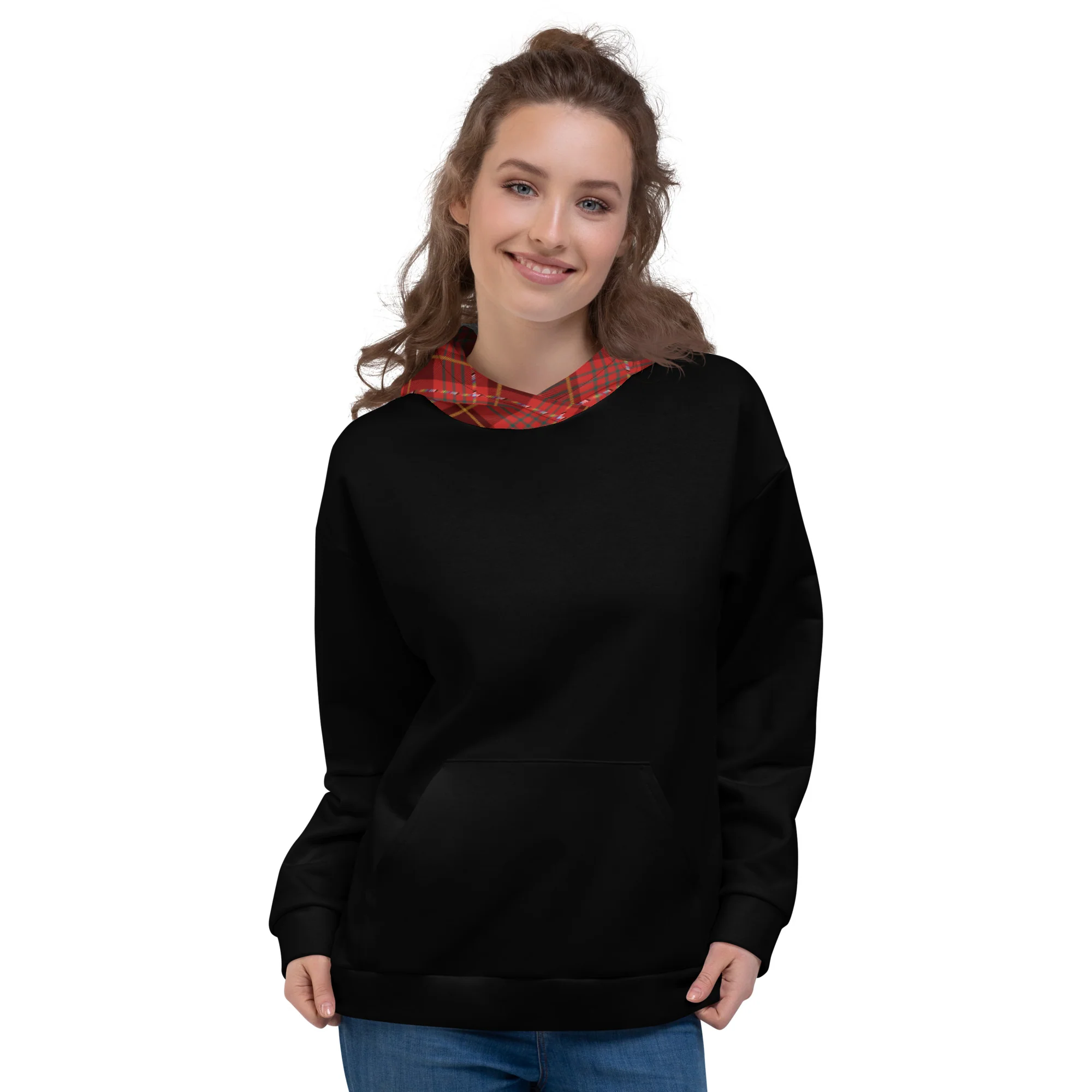 Black Hoodie With Red Pride Tartan Hood - Image 4