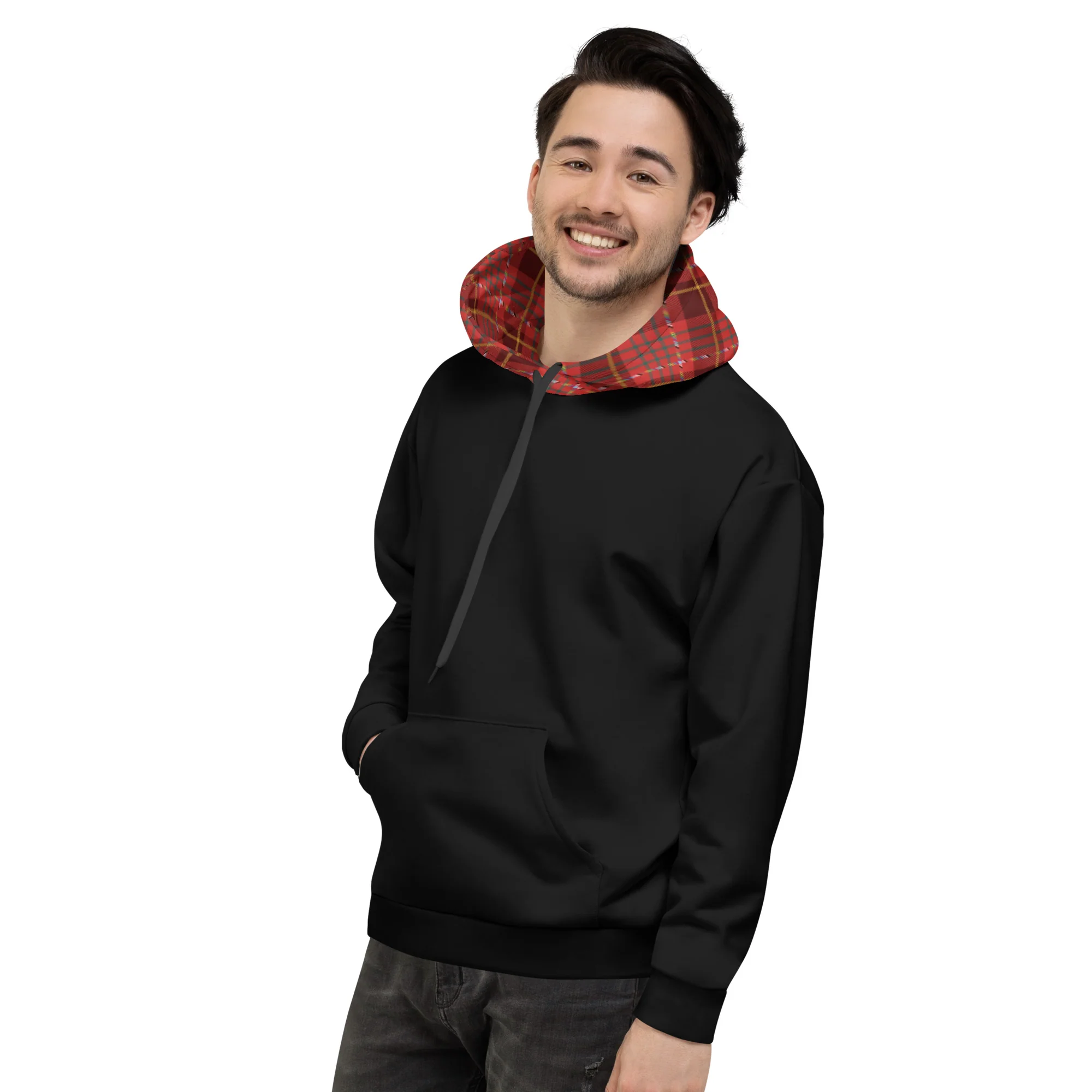 Black Hoodie With Red Pride Tartan Hood - Image 6