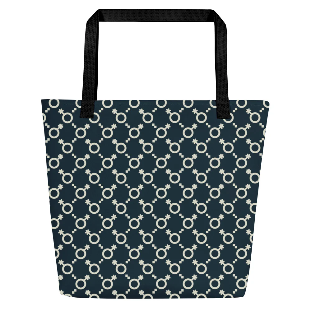 Blue and Cream Non-Binary Symbol Pattern Large Tote/Beach Bag