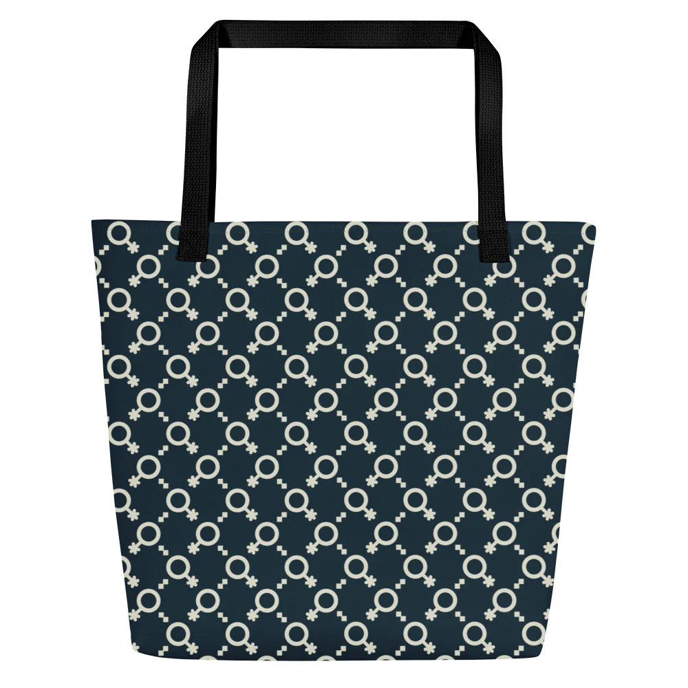 Blue and Cream Non-Binary Symbol Pattern Large Tote/Beach Bag - Image 2