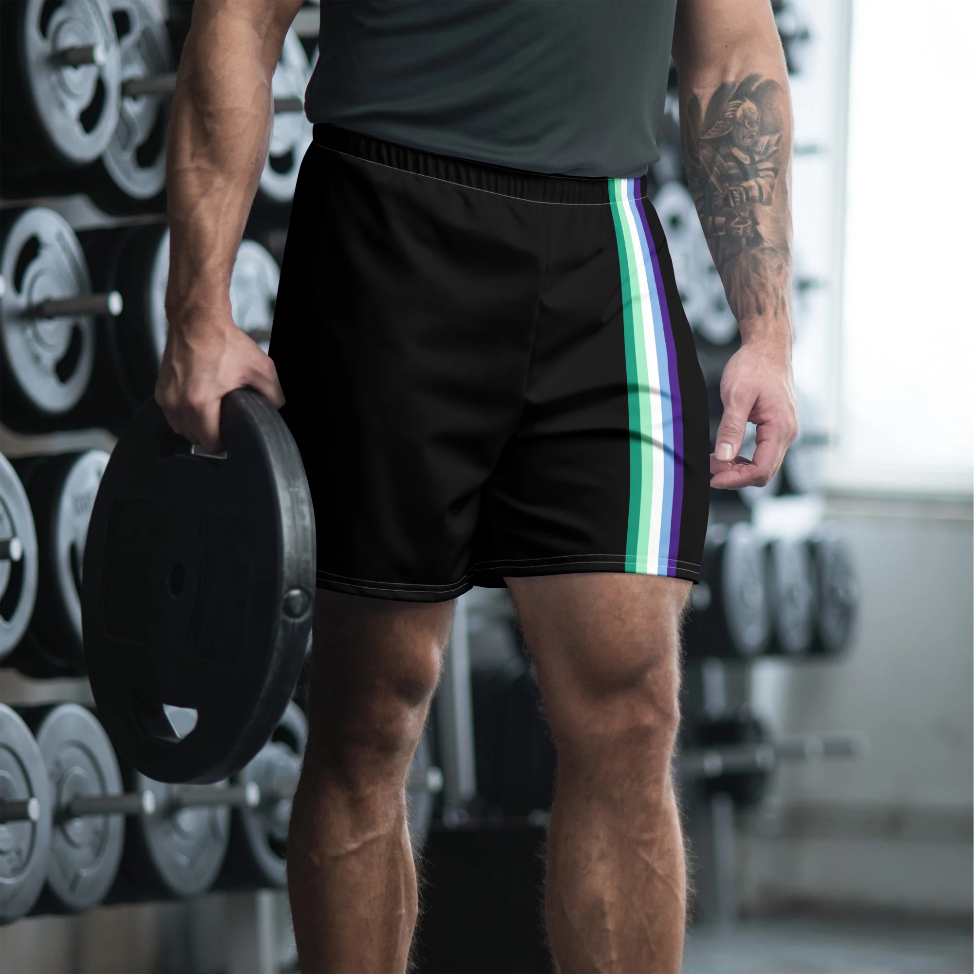 Gay Men's Pride Flag Stripe Black Athletic Long Shorts - Image 2