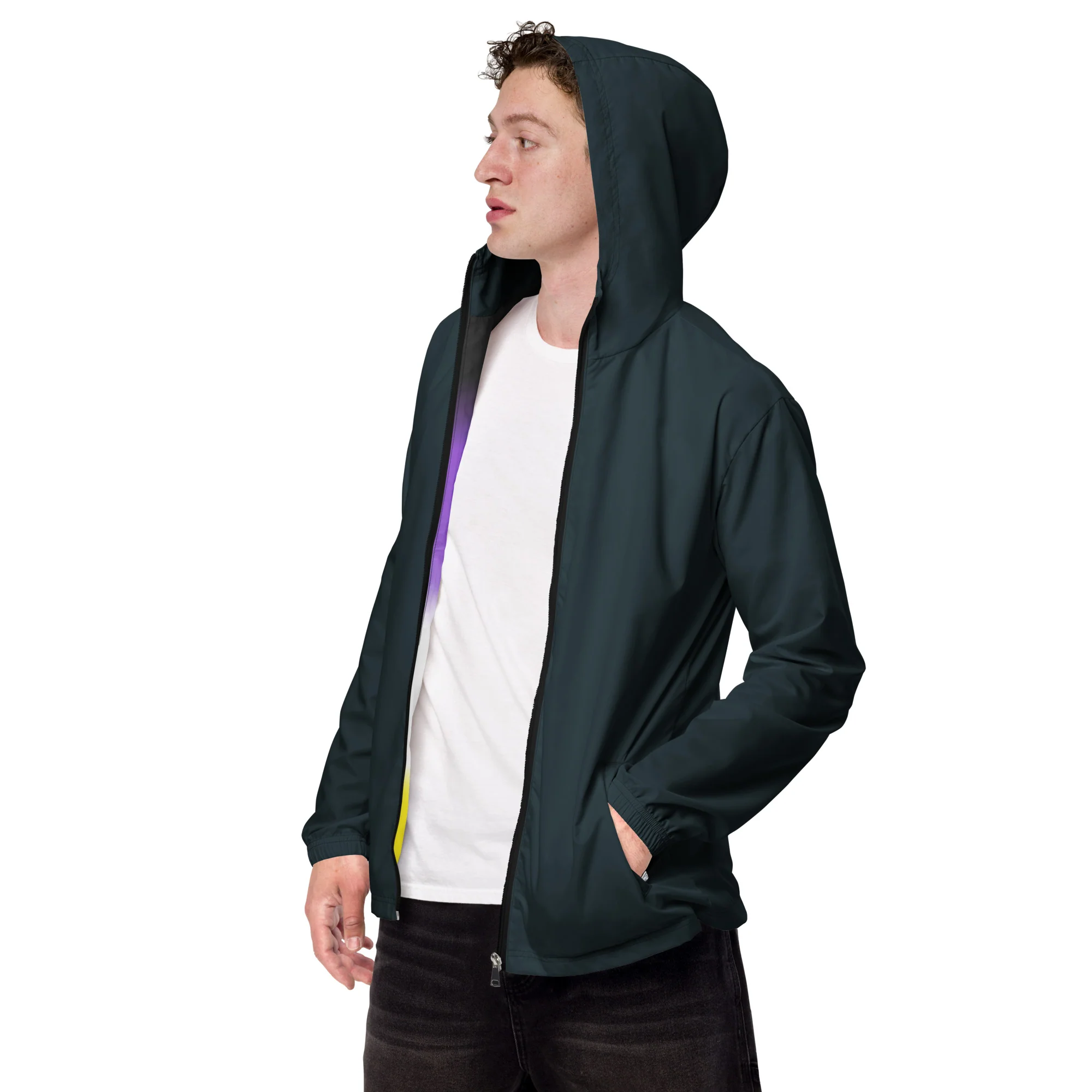 Midnight Blue Windbreaker With Non-Binary Pride Inside - Image 9