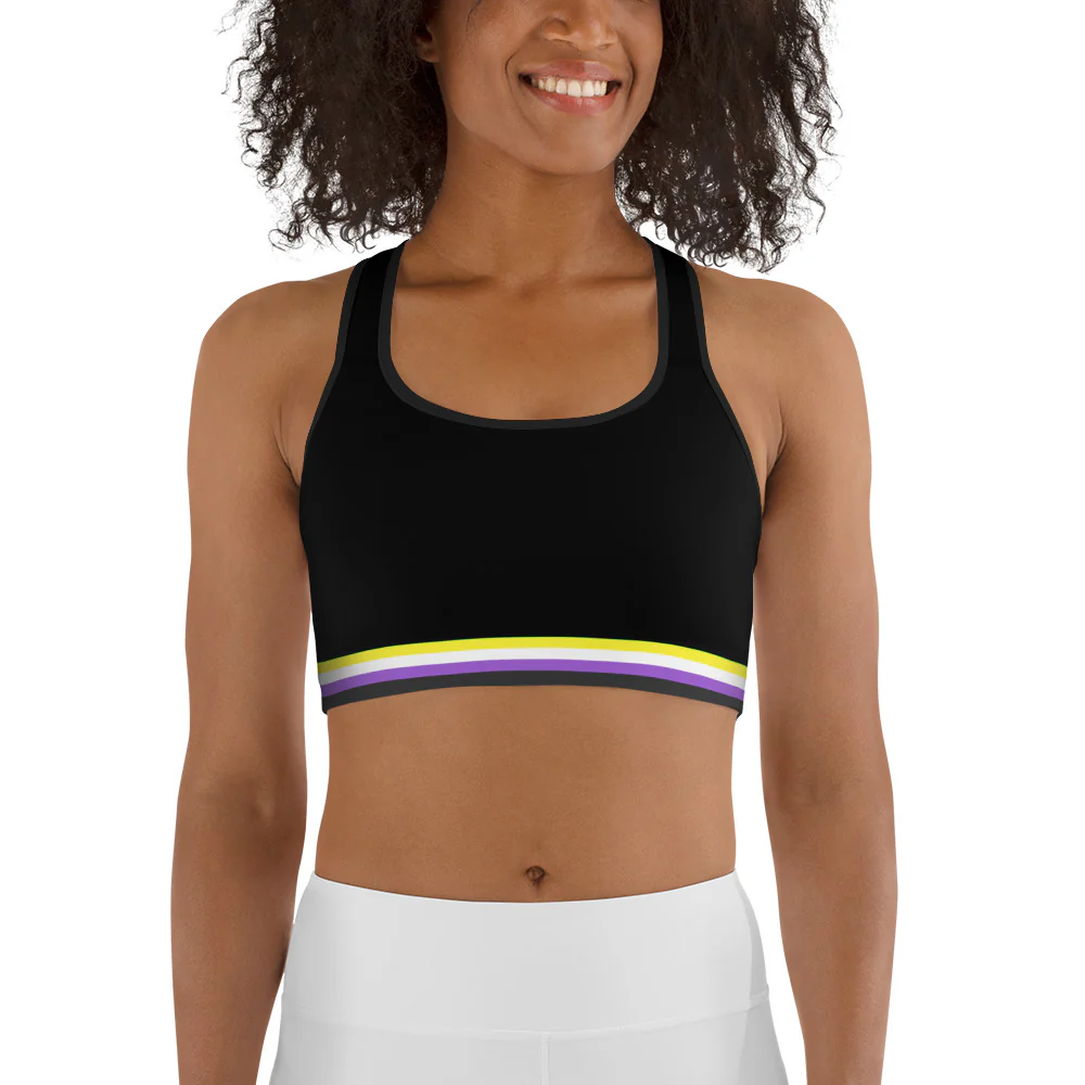 Non-Binary Pride Flag Trim Sports Bra (Black) - Image 4