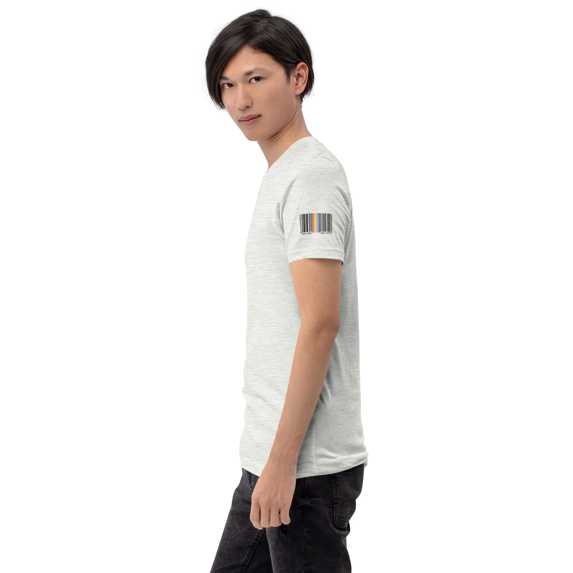 Rainbow Barcode Sleeve With Stonewall And First Pride Dates T-Shirt - Image 3