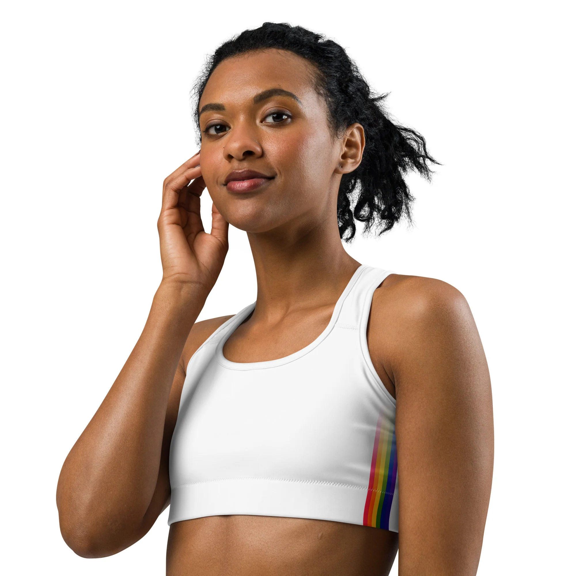 Rainbow Pride Flag Side Fade White Sports Bra - Image 4
