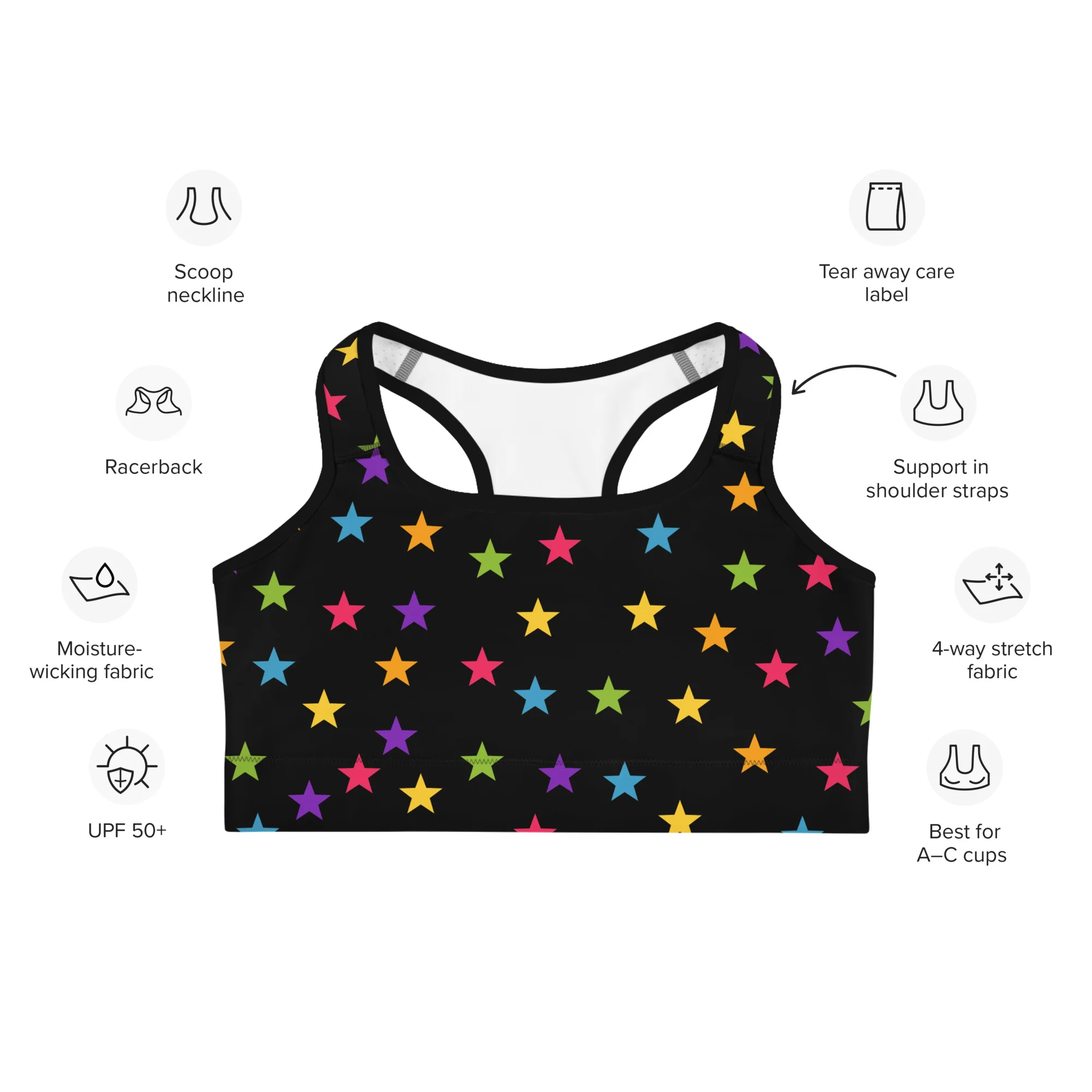 Rainbow Stars Black Sports Bra - Image 5
