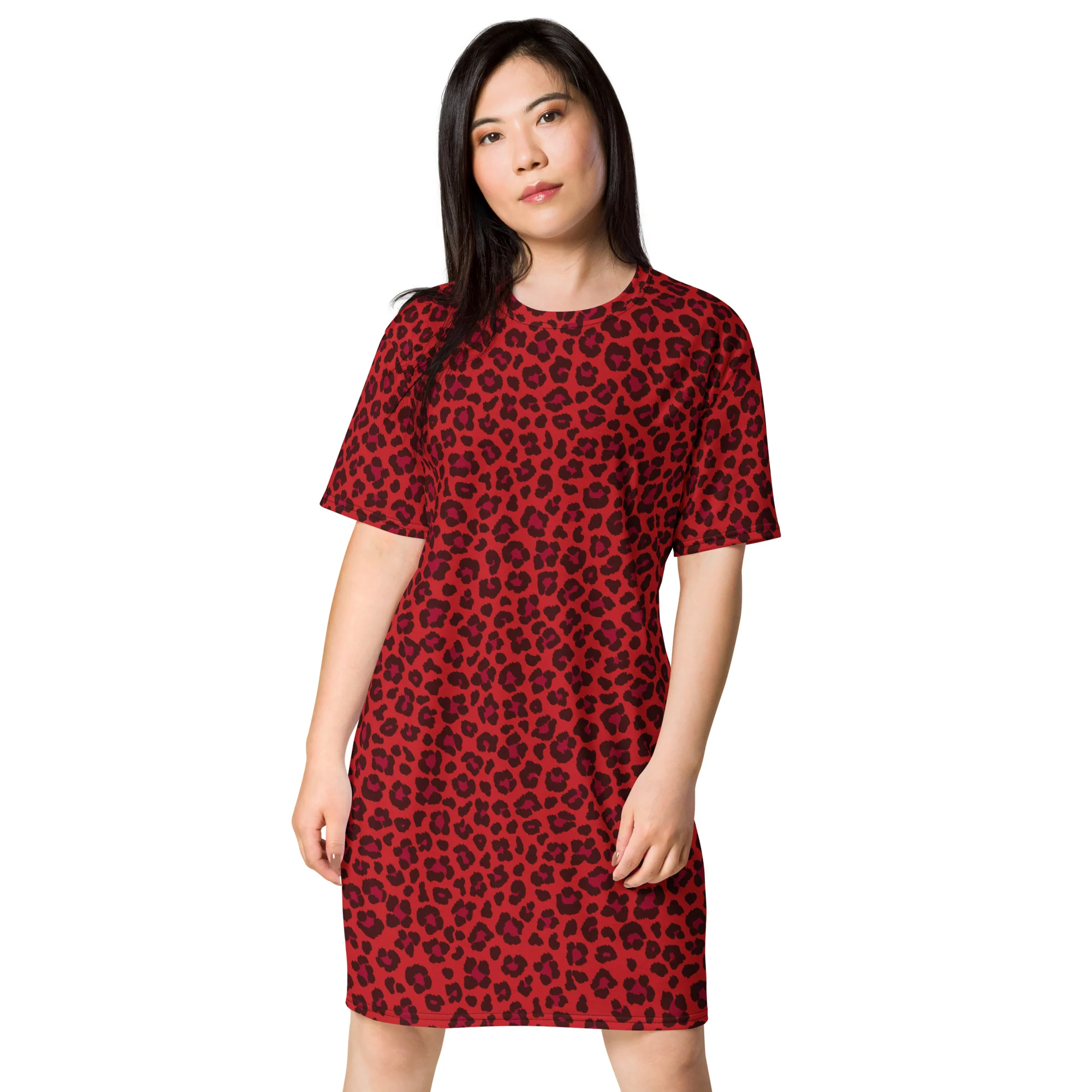 Red Leopard Print T-shirt Dress With Rainbow Collar Flag - Image 2