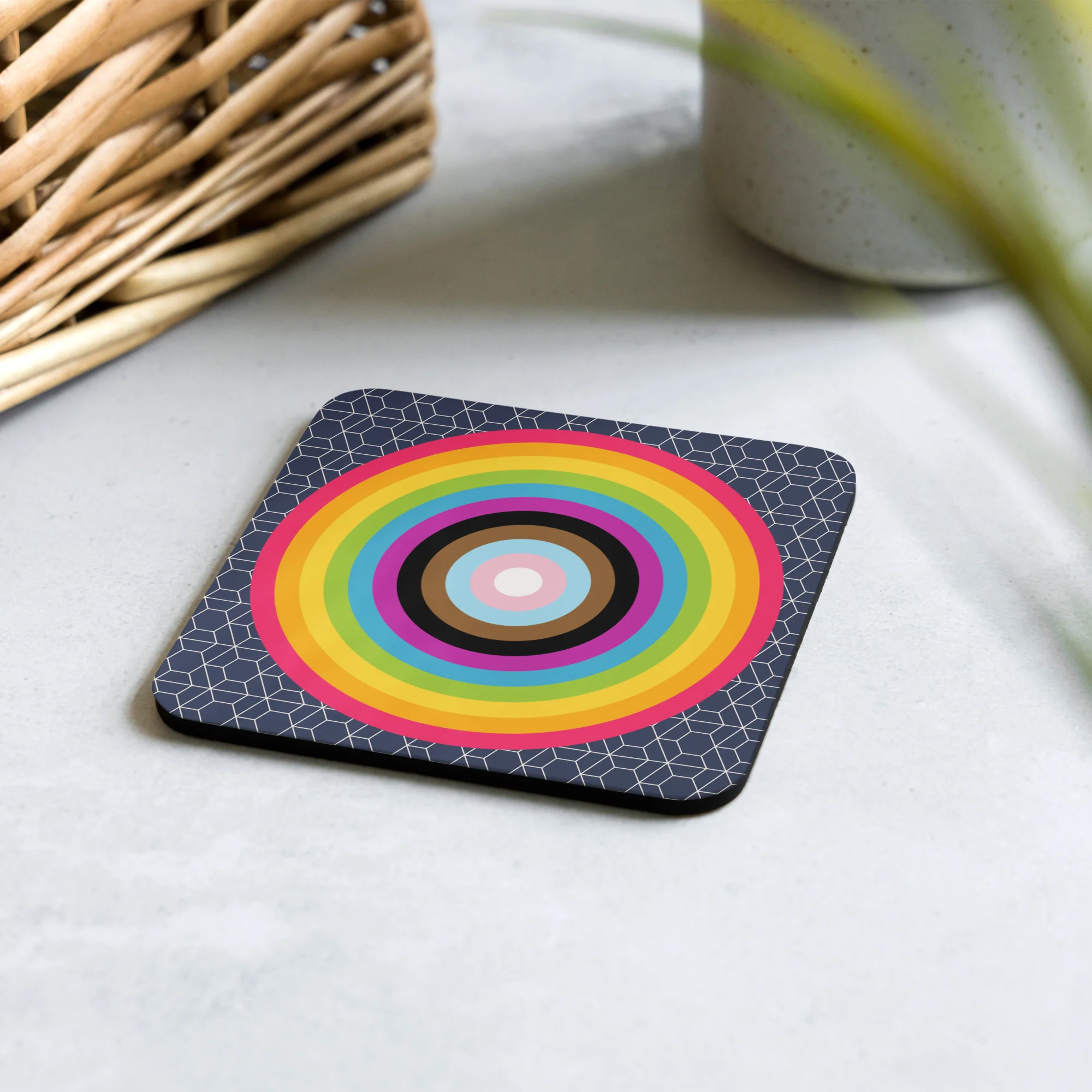 Reverse Progress Pride Flag Colours Roundel on Hexagons Coaster - Image 2