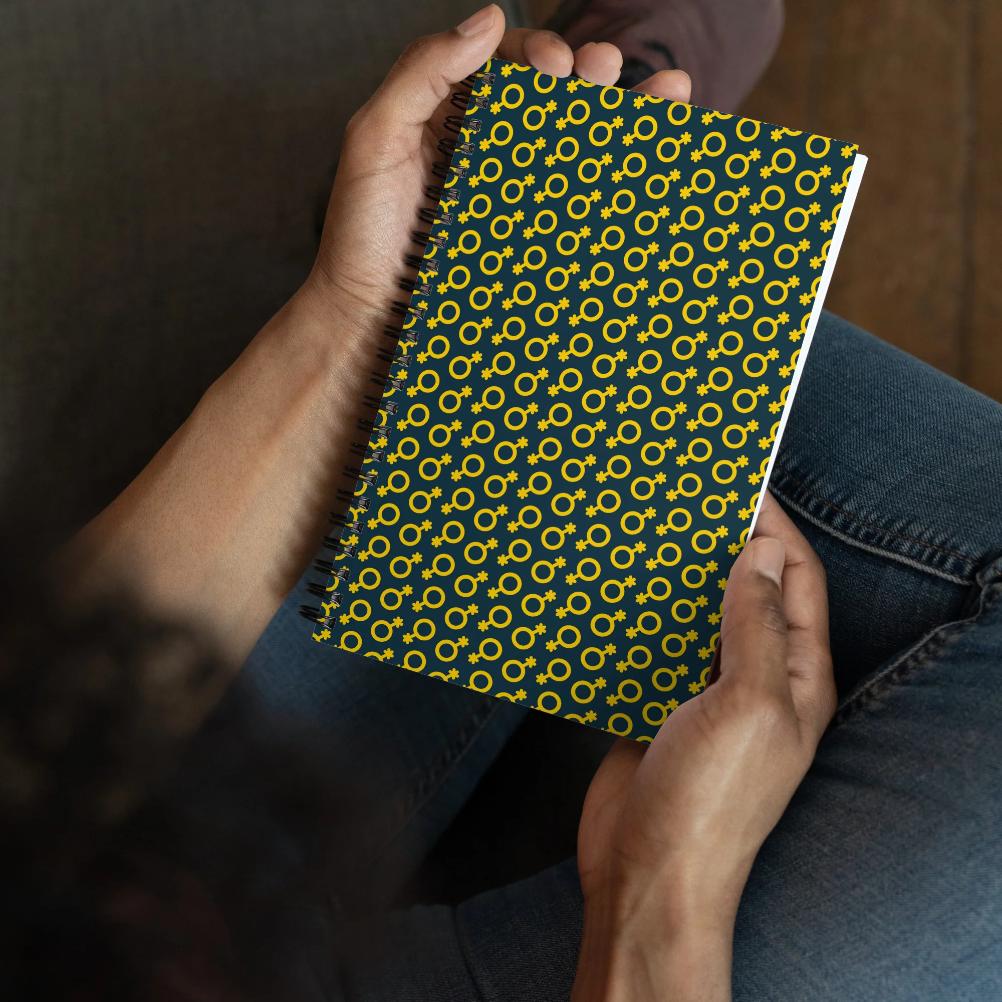 Yellow and Blue Non-Binary Symbol Pattern Spiral Notebook - Image 6