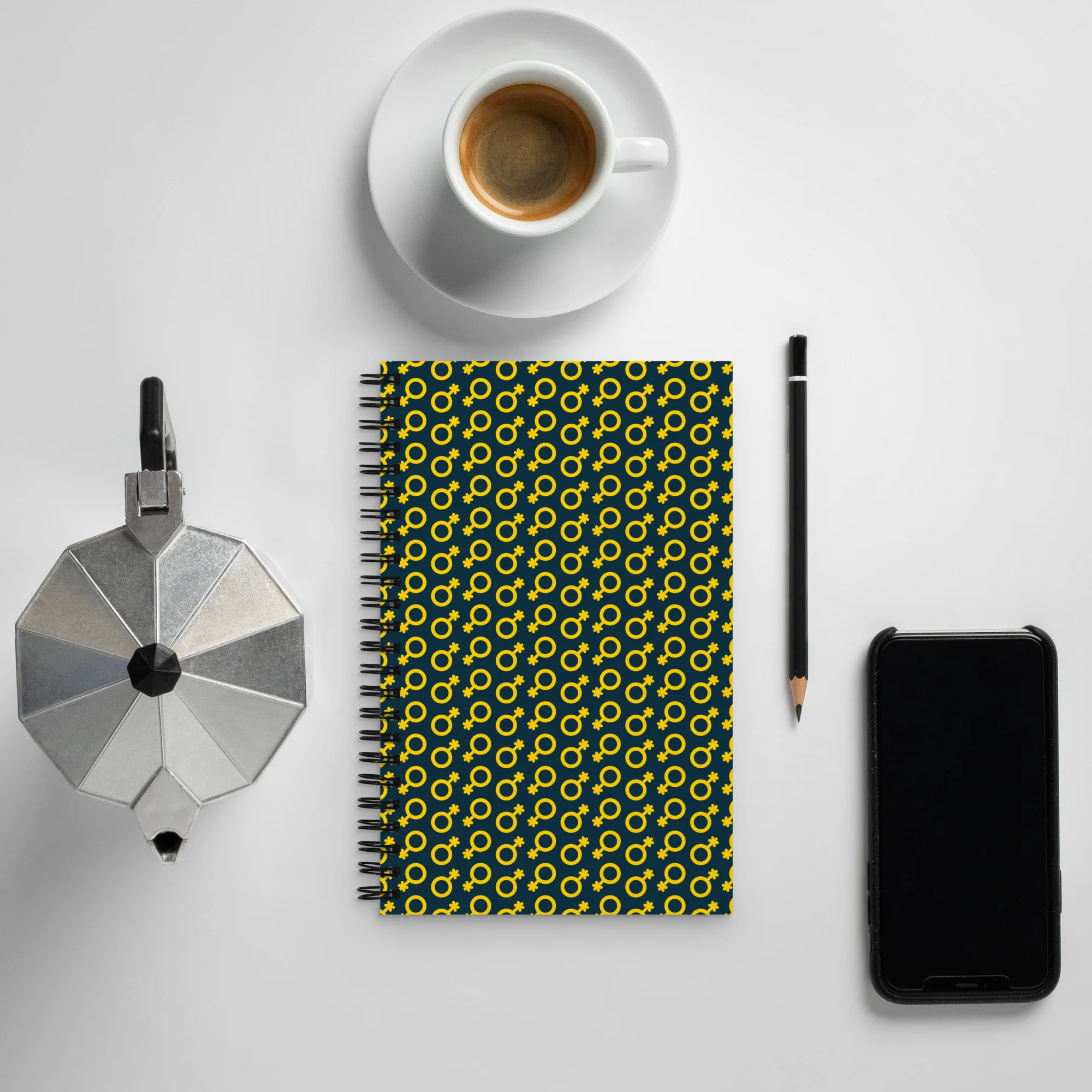 Yellow and Blue Non-Binary Symbol Pattern Spiral Notebook - Image 7