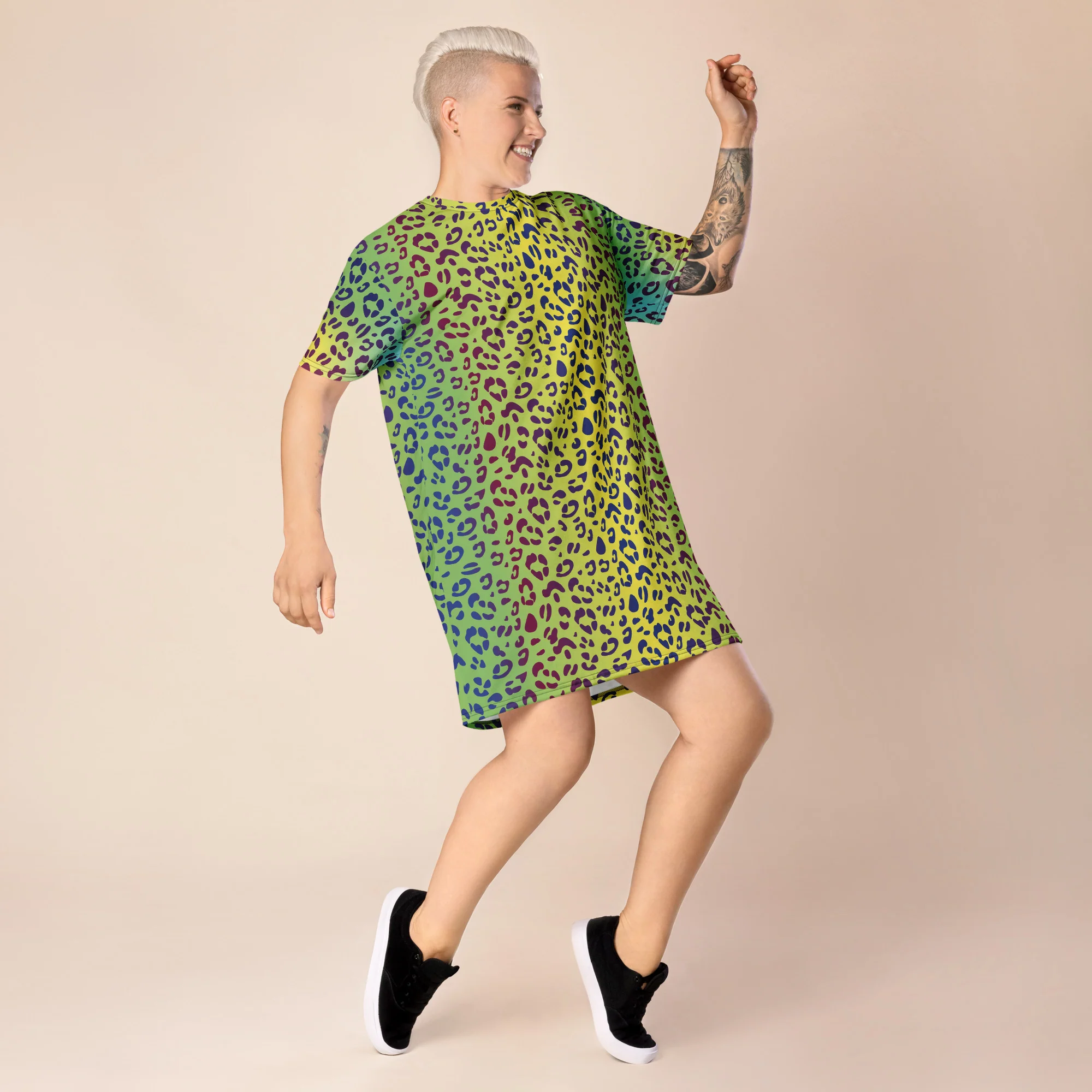 Yellow/Green Leopard Print T-shirt Dress With Rainbow Collar Flag - Image 4