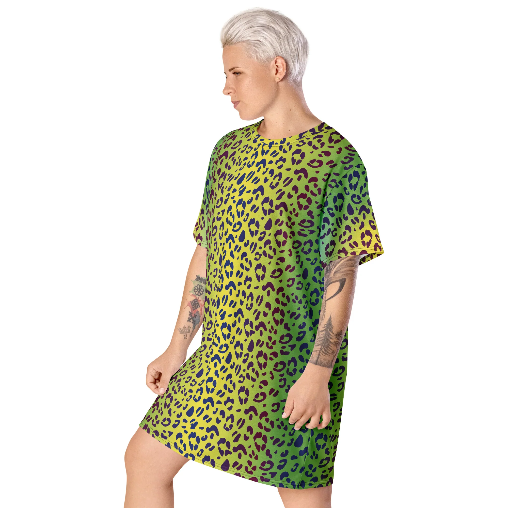 Yellow/Green Leopard Print T-shirt Dress With Rainbow Collar Flag - Image 6