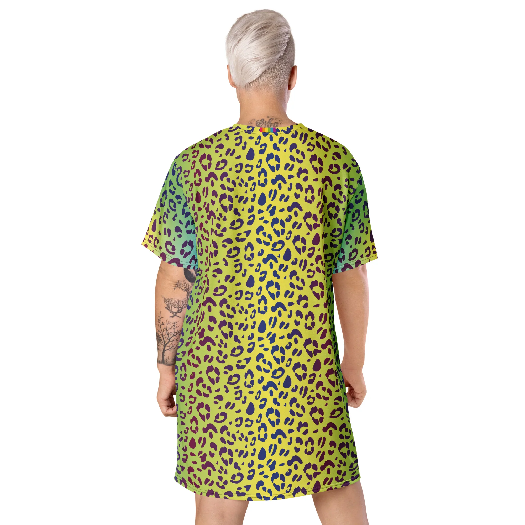 Yellow/Green Leopard Print T-shirt Dress With Rainbow Collar Flag - Image 8