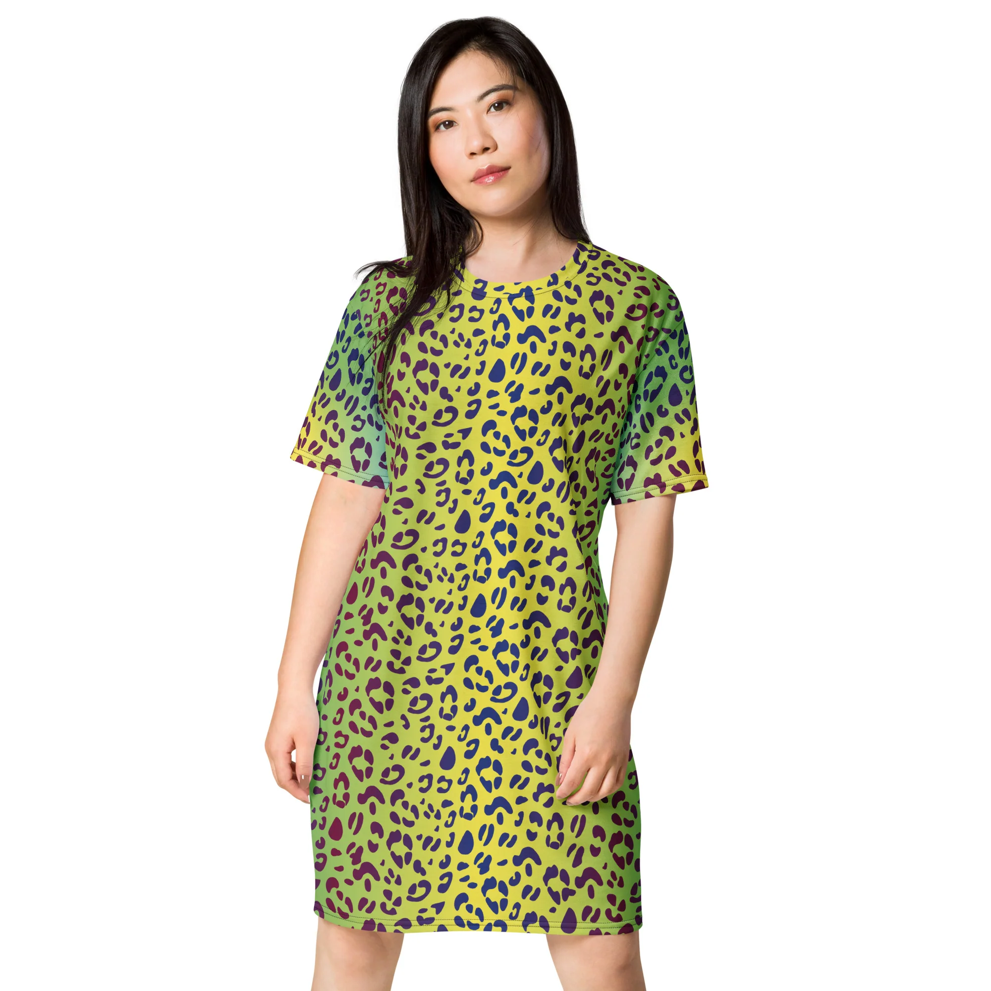 Yellow/Green Leopard T-shirt Dress With Trans Collar Flag - Image 5